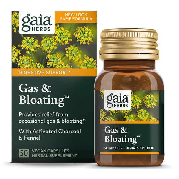 Gaia Herbs Gas & Bloating - Provides Relief from Occasional Gas and Bloating - with Activated Charcoal, Fennel, Chamomile, Cumin, and Peppermint Leaf Essential Oil - 50 Vegan Capsules (25-Day Supply)