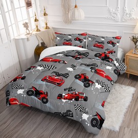 Axolotl Kid Comforter Set Queen Size,Racing Car Bedding Set for Boys Girls Teen Car Racing Gifts,Race Cars Quilt Bed Set with 1 Comforter 2 Pillowcases,Red Grey