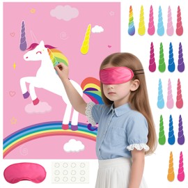 PLULON Pin The Horn On The Unicorn for Kids Birthday Party Game, Unicorn Party Supplies Favors Girls Rainbow Birthday Decorations Poster Home Family Wall Decorations for Girl Boy Classroom Activities