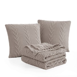Aormenzy Knitted Throw Blanket (50" x 60") and 2 Pillow Covers (18" x 18"), 3 Piece Light Grey Throw Blanket Set, Decorative Throw Blankets for Couch Sofa Bed Living Room