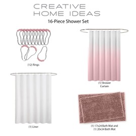 Creative Home Ideas Bathroom Sets with Shower Curtain and Rugs| Shower Curtain Sets with Rugs Includes Shower Curtain, Liner Set, 2 Chenille Bathmats and 12 Hooks | 70" x 72"| White/Blush Pink