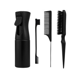 Flomiara Haarbürste mit Haarsprühflasche, Haarstylingkamm, Entwirrungsbürste für natürliche, afrobritische Typen 3a-4c, glattes Pinsel-Set (schwarz), 4 Stück