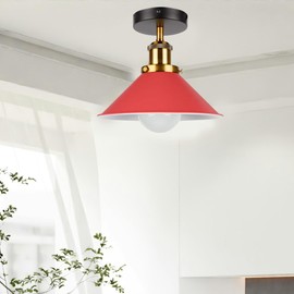 DC VOLTAGE Modern Industrial Semi Flush Mount Ceiling Light 22cm Red Metal Cone Shade with White Lining Brass Socket E27 Base for Kitchen Hallway Bedroom Entryway