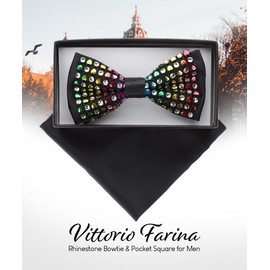 Vittorio Farina Rhinestone Bowtie & Pocket Square Set - Jeweled: Black & Rainbow (BHR 003)