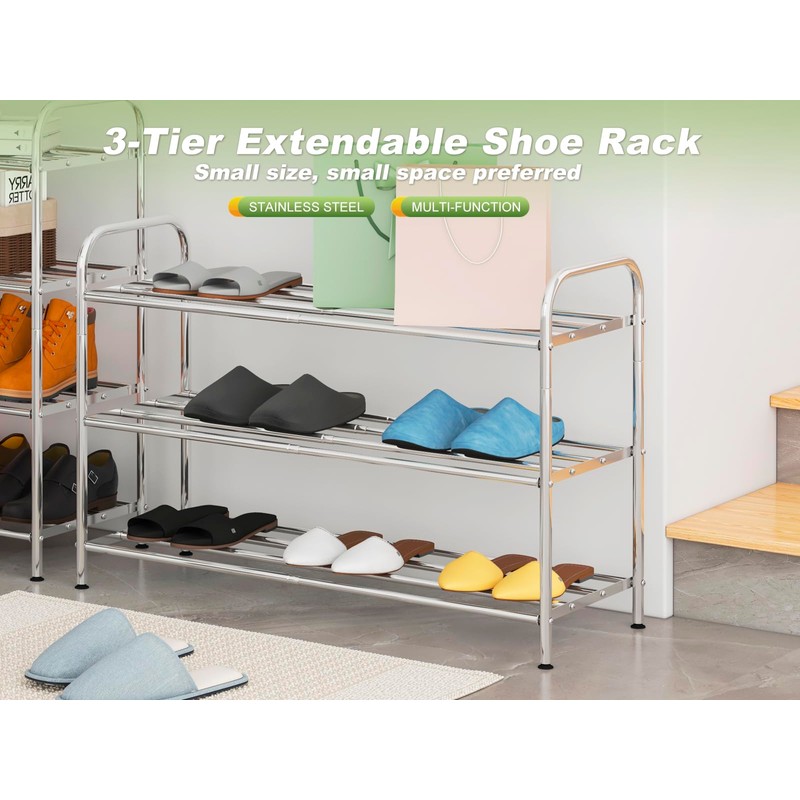 SKIKEN 3-Tier Stainless Steel Shoe Rack - 4-Rod Extendable &
