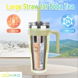 Zukro 40 oz Tumbler with Handle and Wide Straw, No Sweat Insulated Stainless Steel Cup with Leakfroof Screw on 2-in-1 Lid, Fit in Cupholder, Keeps Cold 24 Hours, Dishwasher Safe, Tiedye Peach