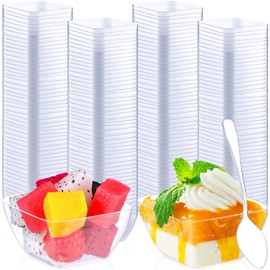 Suclain 200 Pack Dessert Cups with Spoons, 2 Oz Square Clear Plastic Disposable Appetizer Parfait Cups for Tasting Party Appetizers Fruit Parfait Trifle Mousse Pudding(Square Dish)
