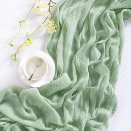 DeZerlor Sage Green Cheesecloth Table Runner 4 Pack Boho Gauze Easter Table Runners 120 inches Long Sheer Green Cheese Cloths for Rustic Wedding Bridal Baby Shower Decor Spring Party Table Centerpiece