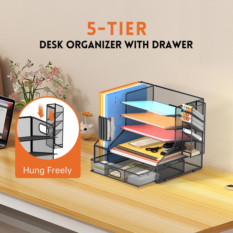DALTACK Mesh Desk Organizer, 5-Tier Paper Letter Tray with File