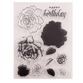 Sello de goma transparente con diseño de flores y hojas de rosas para cumpleaños, para álbumes de recortes, álbumes de fotos, tarjetas decorativas