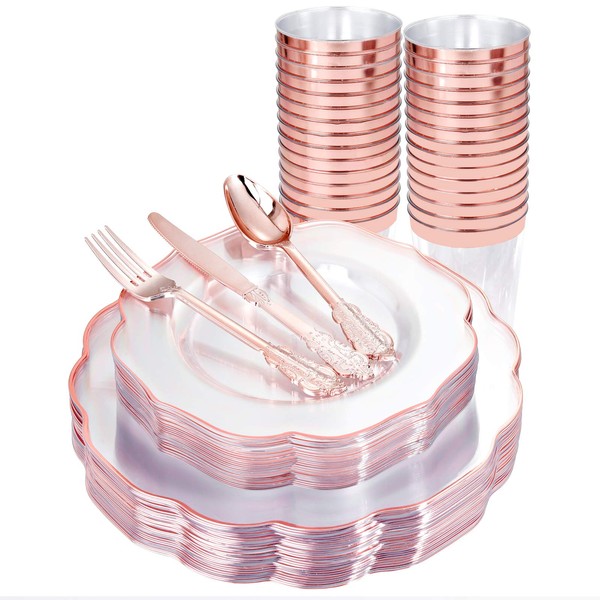 bUCLA 30Guest Clear And Rose Gold Plastic Plates With Rose Gold Plastic Silverware& Disposable Plastic Cups- Rose Gold Rim Plastic Dinnerware Ideal For Mother's Day, Weddings And Parties