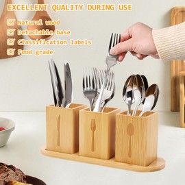 BigKing 3-Piece Cutlery Tray Wooden Cutlery Holder Wooden Cutlery Utensil Holder Kitchen Utensil Holder for Kitchen Cutlery Stand for Dining Table Decoration Cutlery Container with Drainage Hole (Wood