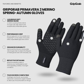 GripGrab Primavera Merino-Wool 2nd Edition Touchscreen Knitted Cycling Merino Wool Gloves Full-Finger Anti-Slip Bicycle Wool Glove Liners