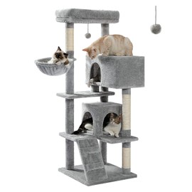 Cat Tree Cat Tower with Large Top Perch, 56.3" Cat Tree for Large Cats with Plush Hammock, Sisal Scratching Ramp and Posts, Dangling Pompom and 2 Condos Houses for Large Cats, Grey