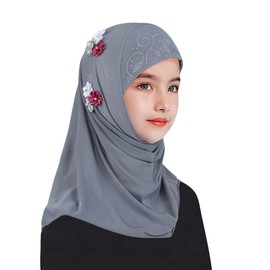 Girls Hijab Scarf Muslim Khimar Hijab with Six Flowers Arab Islamic Head Scarf and Wrap Stretch Turban Neck Wrap for Age 2-6 Years Girls Lightweight and Comfortable