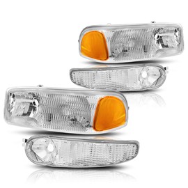 PM PERFORMOTOR [4Pcs-Set] Headlights Assembly+Signal Lamps Compatible with 01-07 GMC Sierra Yukon Denali,Chrome Housing/Amber Corner