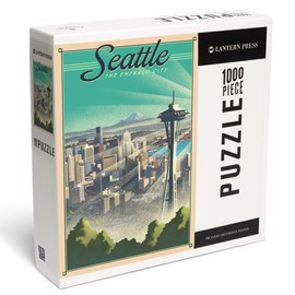 Lantern Press Seattle, Washington, Lithograph, Skyline, 1000 Piece Jigsaw Puzzle for Adults, Made in USA with Reference Poster