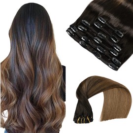 VINBAO Clip in Extensions Real Human Hair, Color #1BT4 Ombre Natural Black to Medium Brown Hair Extensions, 20inch 120g 6Pcs Human Hair Clip in Extensions for Women (CLIP#1BT4-20Inch)