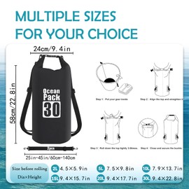 Dry Bag 30L, Boat Dry Bags Black Waterproof Bag Dry Sack Roll Top Long Adjustable Shoulder Strap 2L/5L/10L/20L/30L/40L for Drifting Boating Kayaking Fishing Rafting Swimming Camping Canoeing Surfing
