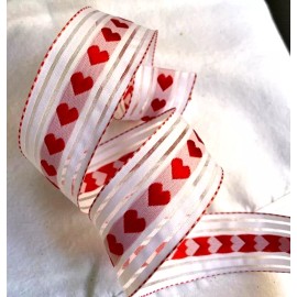 Berwick Offray Valentines Day 1.5" by 2 yd Wired Ribbon Vertical Red Hearts on White Satin Love