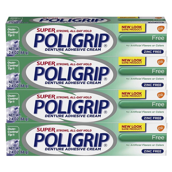 Poligrip Denture Adhesive Cream 4 Pack Original Formula Zinc Free Super Strong