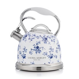 Laura Ashley China Rose Stovetop Kettle with Whistle - 2.5L Fast Boil Stainless Steel Kettle Stove Top - Silicon Coated Cool Handle Camping Kettle for Gas, Induction Hob - Compatible with Aga Stove