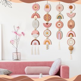 RattanView 4 Pcs Boho Wall Decor Large Wooden Hanging Wall Art Boho Decor for Living Room Aesthetic Minimalist Moon Phase for Bedroom Mid Century Hanging Art Dorm Decoration(Pink)