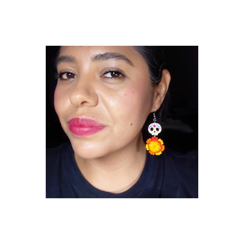 Aretes de Calavera de Dulce y Cempasuchil de Madera Pintado