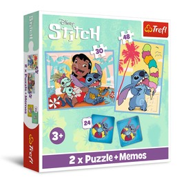 Trefl - Lilo & Stitch, Happy Day by Lilo & Stitch - 3-in-1: 2 x Puzzle + Memory Game, Puzzle with Figures from the TV Series, 30 and 48 Pieces, 24 Memos, Entertainment for Children from 3 Years