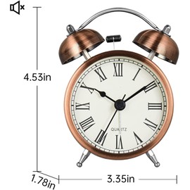 CYMNER Vintage Alarm Clock, Non Ticking, Silent Bedside Clock with Two Bells Loud Alarm for Heavy Sleepers, Small Retro Clock for Decor and Gifts, Battery Opreated Quartz Clock, Gold