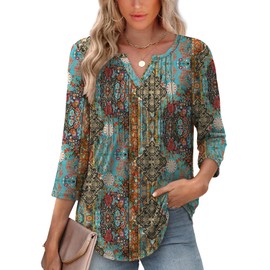 XIEERDUO Plus Size Womens Clothing 3/4 Length Sleeve Womens Summer Boho Tops Dressy Casual V Neck Shirts Fall Fashion Outfits Beach Vacation Clothes 2025 F-Vintage Boho XXL
