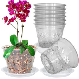 Blumiger Orchid Pot, 8 Pack Orchid Pots with Holes & Saucers, Clear Plastic Pot for Repotting, Breathable Ventilation Planters for Phalaenopsis, Dendrobium & Oncidium Orchids(6 inch, Grey)