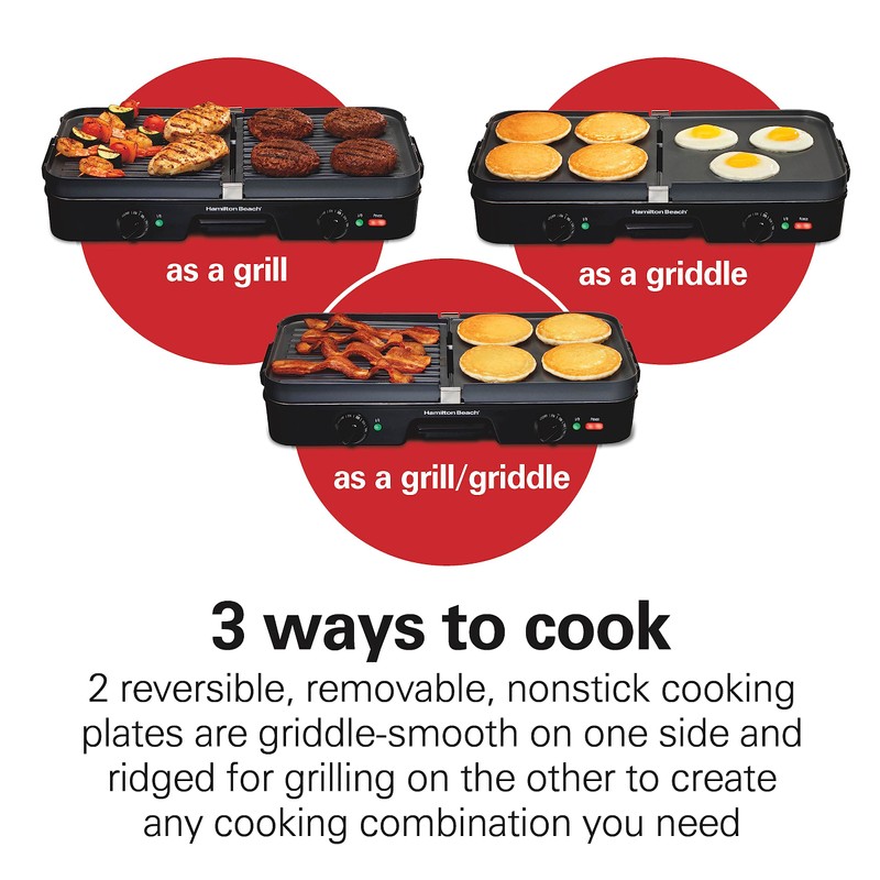 Hamilton Beach 3-in-1 Electric Indoor Grill + Griddle, 8-Serving, Reversible