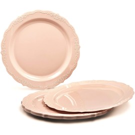 " OCCASIONS " 50 Plates Pack (25 Guests)-Vintage Wedding Party Disposable Plastic Plate Set -25 x 10'' Dinner + 25 x 7.5'' Salad/Dessert plates (Verona Blush Pink/Antique Rose)