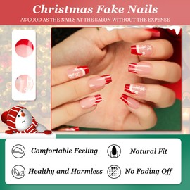Ceboic Pack of 24 Christmas Press on Nails Short Square French Nude Pink Artificial Nails for Stick-On Natural Red Christmas Hat Acrylic Full Cover Artificial Nails for Women and Girls