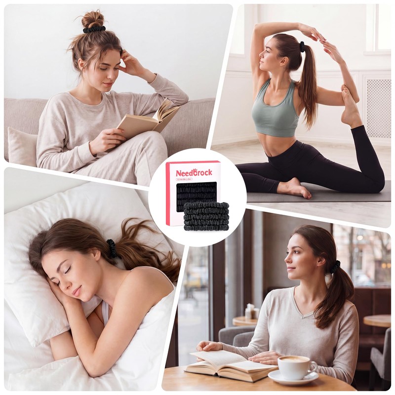Needbrock Mulberry Silk Hair Ties, Thin Black Scrunchies for Women