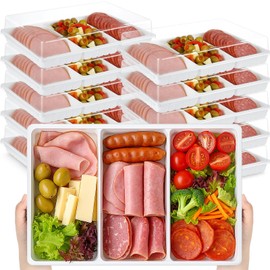 Shellwei 10 Pack Extra Large Charcuterie Board with Lid 15 x 10 Inch 3 Section Divided Catering Trays with Lids Large Disposable Travel Catering Serving Trays Platter (White)