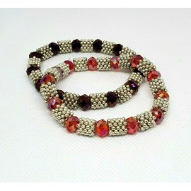 Two Aurora Borealis Pink Purple Faceted Silver Tone Beaded Stretch Bracelets