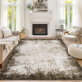 Large 6x9 Area Rugs for Living Room, Modern Bordered Abstract Washable Bedroom Rug Soft Non-Slip Low Pile Boho Area Rug Throw Carpet for Dining Room Home, Brown