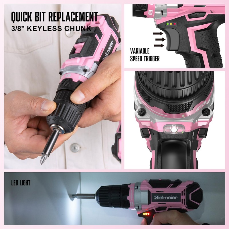Bielmeier 20V 236Pcs Cordless Pink Drill Set - Essential Women's