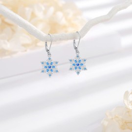 LOOVE Snowflake Earrings for Women Sterling Silver Snow Drop Flower Earrings Silver Leverback Dangle Earrings Winter Earrings for Women Christmas Jewelry