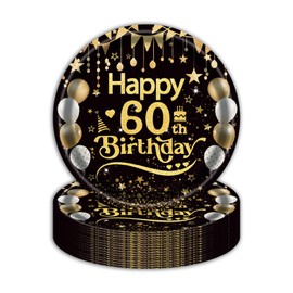 EVYIENEN 50Pcs 60th Birthday Party Paper Plates,7inch Disposable Black and Gold Dessert Party Plates Party Decorations for Men Woman 60th Happy Birthday Wedding Party Supplies