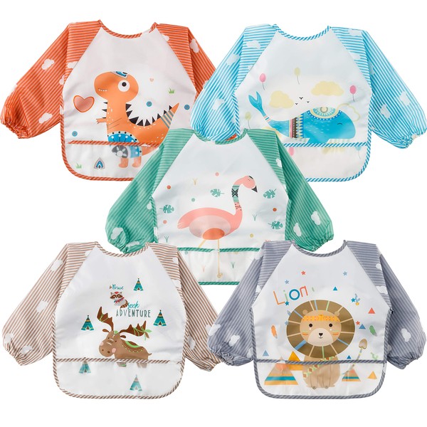 R HORSE 5Pcs Long Sleeved Bib for Babies Toddlers Waterproof Sleeved Bib with Great Capacity Pocket Gift for Baby 6-36 months