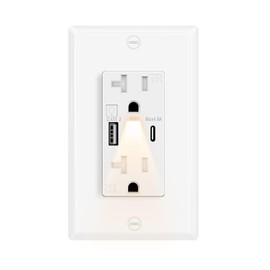USB C Outlets with Night Lights Built in,Greencycle 20Amp High Speed Night Light Wall Outlet,4.8A USB A/C Ports Electrical Outlet Tamper-Resistant,Wall Plate Included for Home,Dorm Room