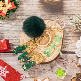 MWOOT Initial keychain, Resin Letter M keychain, Cute Car Keyring, Alphabet Key Chain with Dragonfly, Green Keychains Plush Ball Keychains for Women Purse Bag Handbag Decor (M)