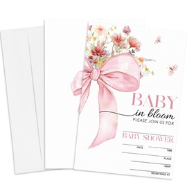 WPBRU Baby In Bloom Baby Shower Invitations -25 Sets With Envelopes, 4''x6'' Pink Bow & Watercolor Flowers Invitation Cards For Boys & Girls -Gender Reveal Party Decorations & Supplies-A03
