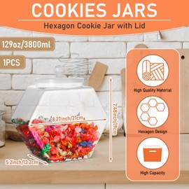 Uiifan 1 Piece Hexagonal Plastic Candy Jar with Lid Cookie Jar Clear Hexagonal Candy Containers for Snacks, Cookies, Dog Food, Craft and Sewing Supplies, Coffee Pod, Laundry Pod(Clear Lid,129 oz)