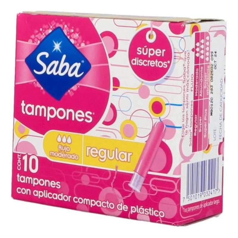 Tampones Saba Regular Flujo Moderado con Aplicador 10 pzas