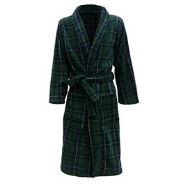 John Christian Men's Fleece Robe Green and Navy Tartan (S/M)