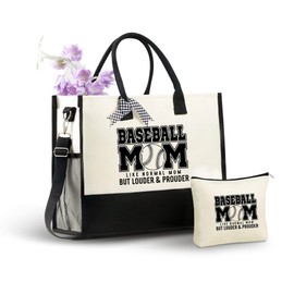 InnoBeta Baseball Gifts for Women, Baseball Mom, Canvas Tote Bag for Mom, Bag with Top Zipper Closure and Shoulder Strap for Birthday, Mothers' Day